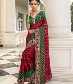 red bandhani printed georgette saree with unstitched blouse piece