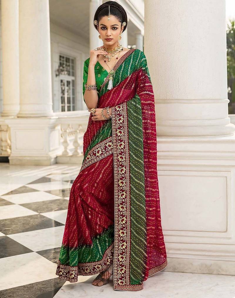 red bandhani printed georgette saree with unstitched blouse piece