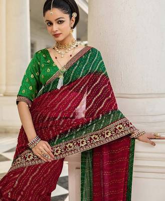 red bandhani printed georgette saree with unstitched blouse piece 2