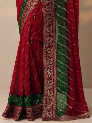 red bandhani printed georgette saree with unstitched blouse piece 3