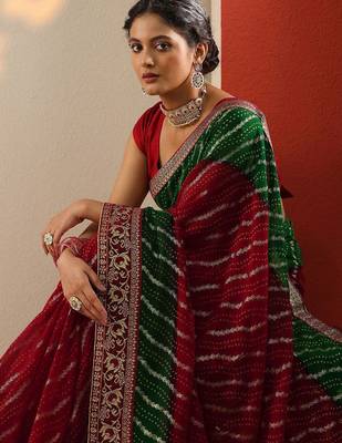 red bandhani printed georgette saree with unstitched blouse piece 4