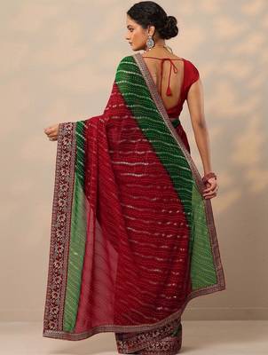 red bandhani printed georgette saree with unstitched blouse piece 5