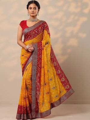 multi bandhani printed georgette saree with unstitched blouse piece 1