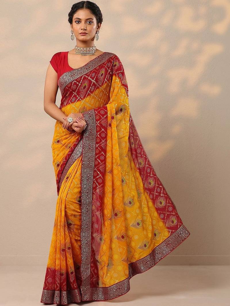 multi bandhani printed georgette saree with unstitched blouse piece
