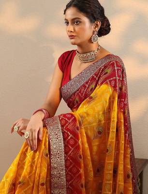 multi bandhani printed georgette saree with unstitched blouse piece 4