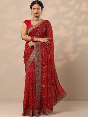 red bandhani printed georgette saree with unstitched blouse piece 1