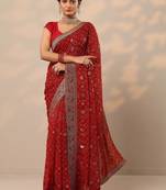 red bandhani printed georgette saree with unstitched blouse piece