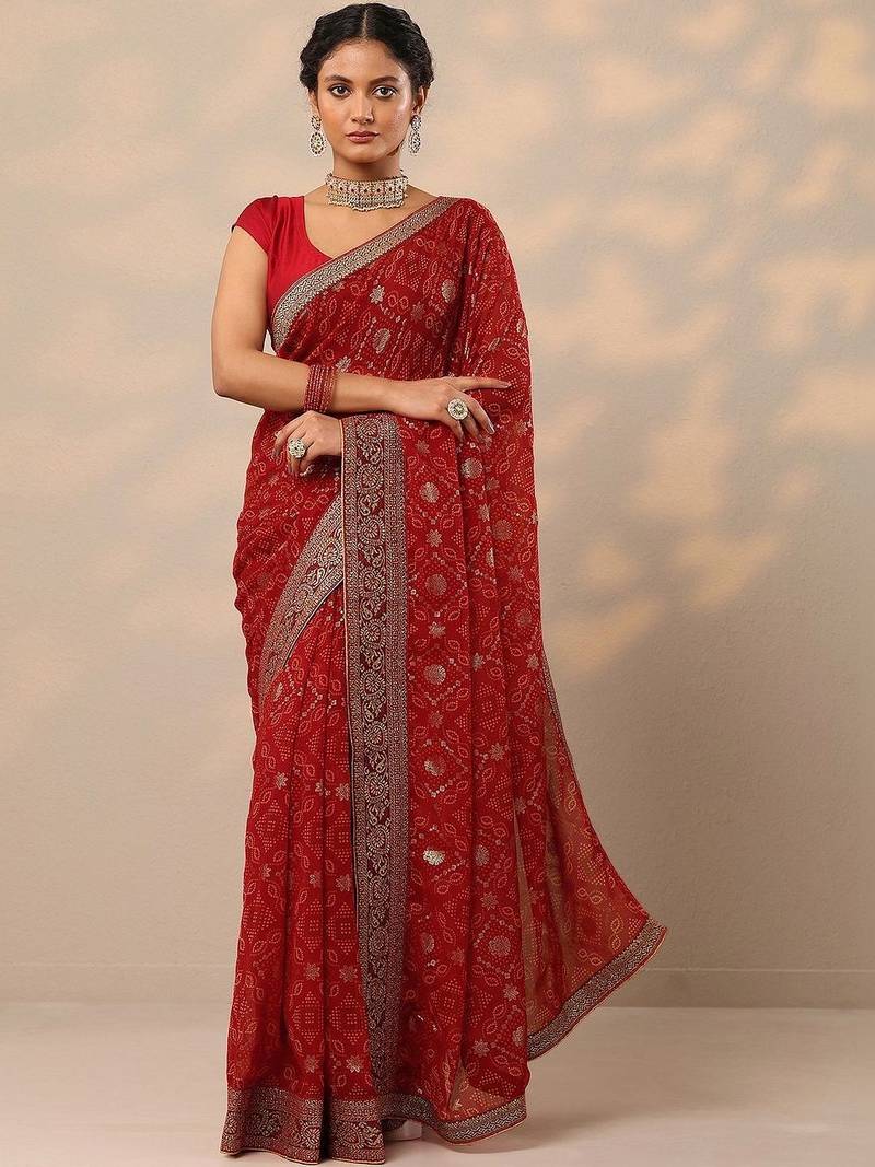 red bandhani printed georgette saree with unstitched blouse piece