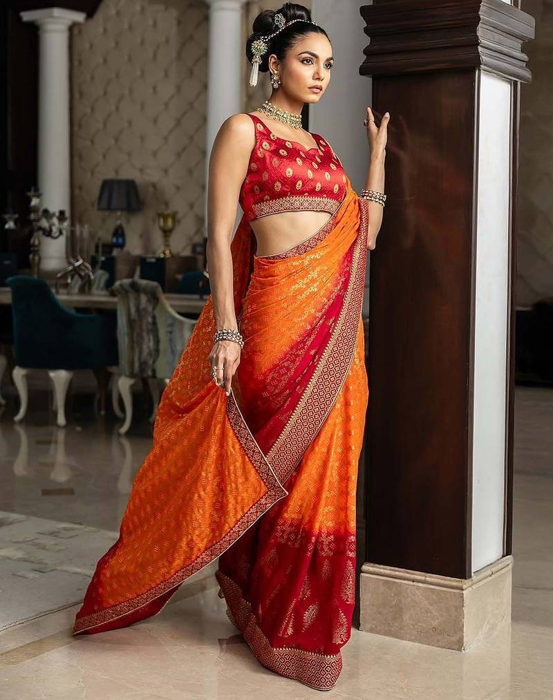 orange bandhani printed georgette saree with unstitched blouse piece