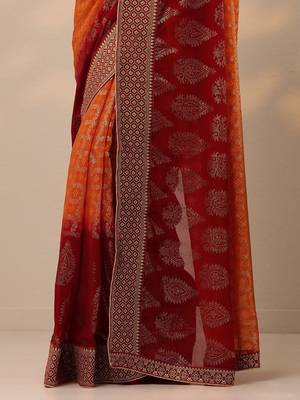 orange bandhani printed georgette saree with unstitched blouse piece 3