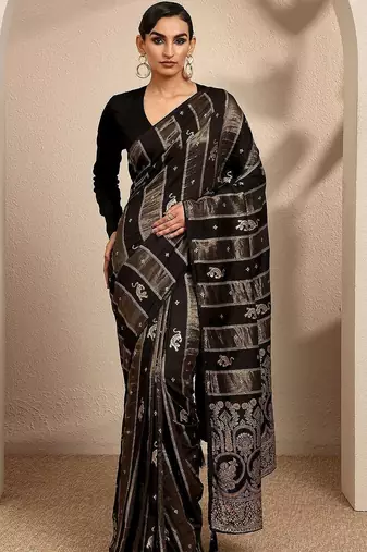 black woven design banarsi saree with unstitched blouse piece