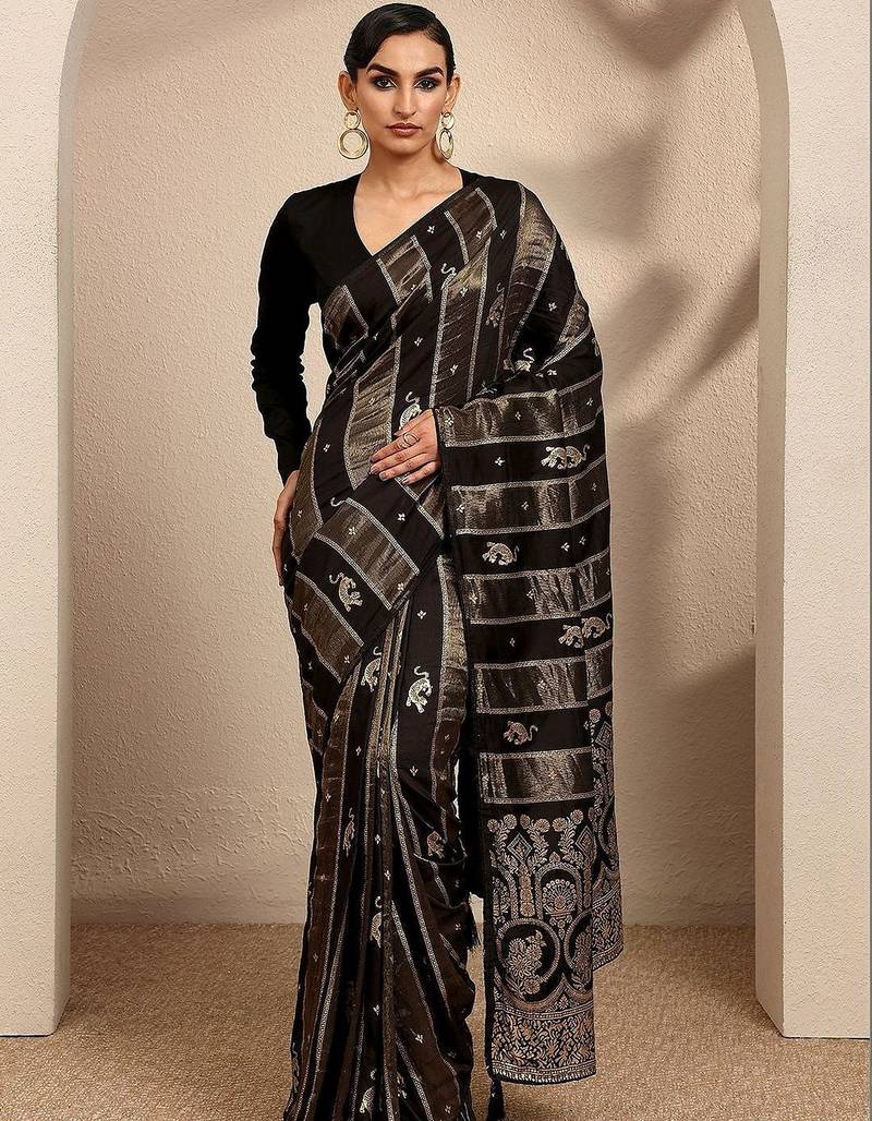 black woven design banarsi saree with unstitched blouse piece