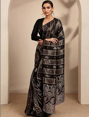 black woven design banarsi saree with unstitched blouse piece 2