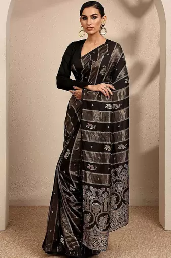 black woven design banarsi saree with unstitched blouse piece