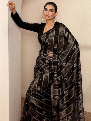 black woven design banarsi saree with unstitched blouse piece 4