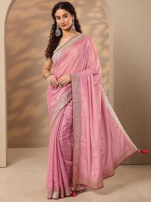 pink embellished saree with unstitched blouse piece 1