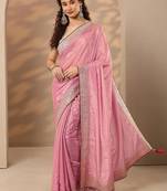 pink embellished saree with unstitched blouse piece