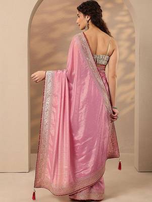 pink embellished saree with unstitched blouse piece 3