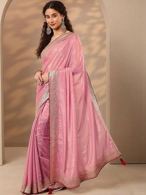 pink embellished saree with unstitched blouse piece 5