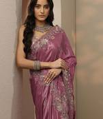 purple embroidered saree with unstitched blouse piece
