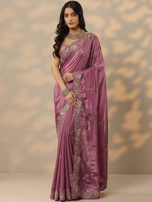 purple embroidered saree with unstitched blouse piece 2