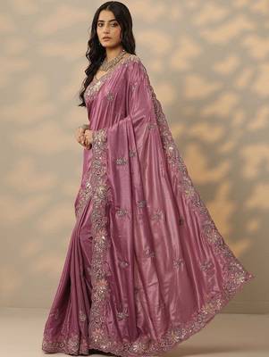 purple embroidered saree with unstitched blouse piece 3