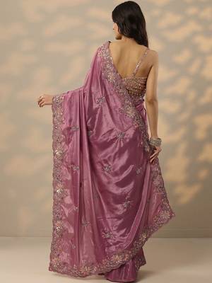 purple embroidered saree with unstitched blouse piece 4