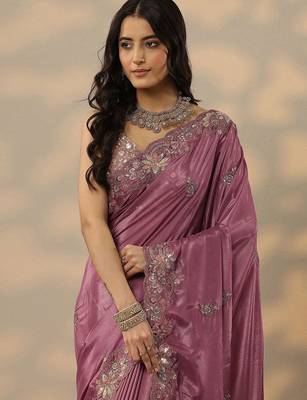 purple embroidered saree with unstitched blouse piece 5