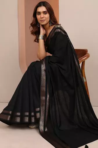 black printed saree with unstitched blouse piece
