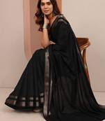 black printed saree with unstitched blouse piece