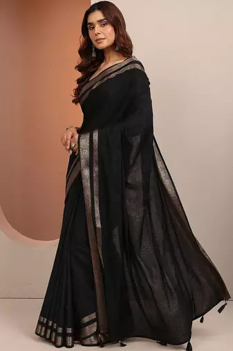 black printed saree with unstitched blouse piece