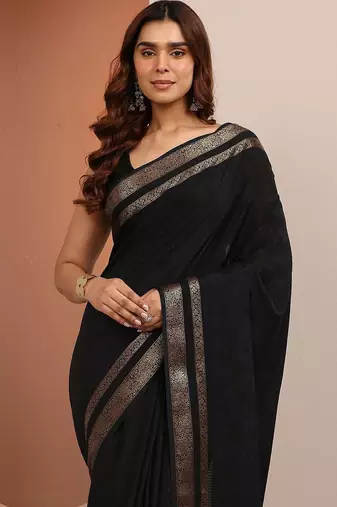 black printed saree with unstitched blouse piece