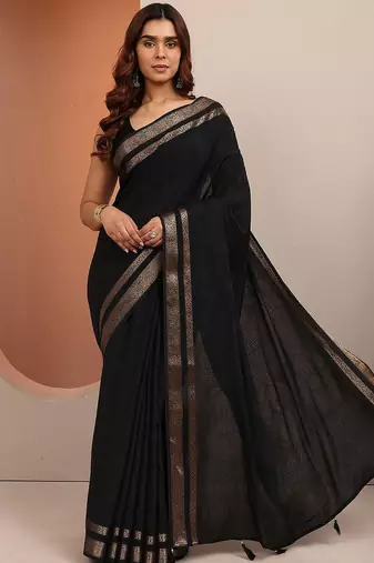 black printed saree with unstitched blouse piece