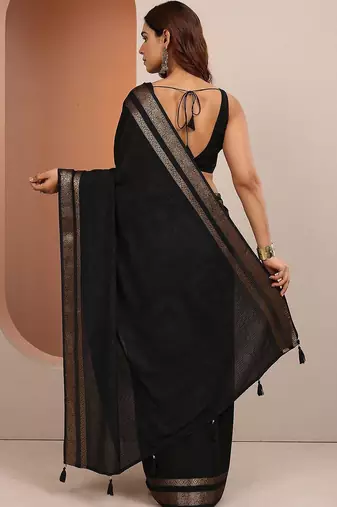 black printed saree with unstitched blouse piece