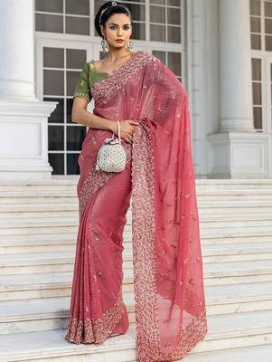 pink embellished embroidered silk blend heavy work saree 1