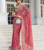 pink embellished embroidered silk blend heavy work saree