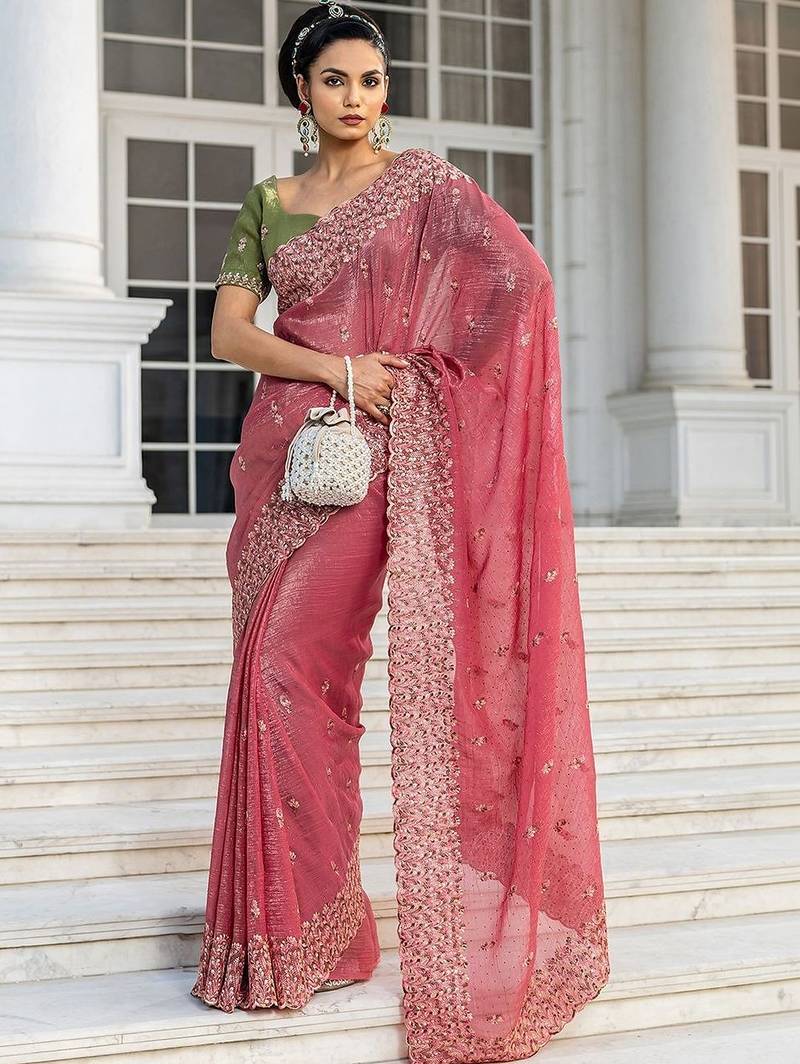 pink embellished embroidered silk blend heavy work saree