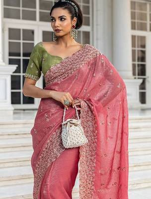 pink embellished embroidered silk blend heavy work saree 2