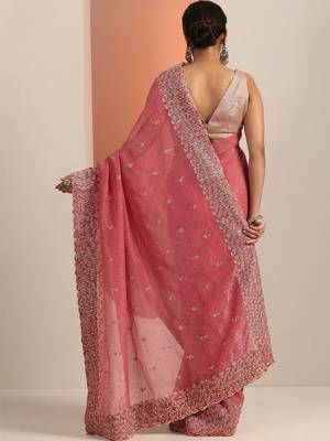 pink embellished embroidered silk blend heavy work saree 3