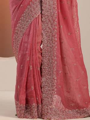 pink embellished embroidered silk blend heavy work saree 4