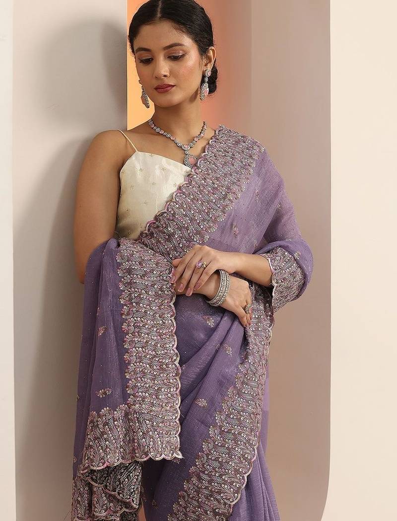 lavender embellished embroidered silk blend heavy work saree