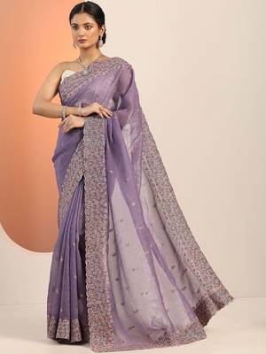 lavender embellished embroidered silk blend heavy work saree 2