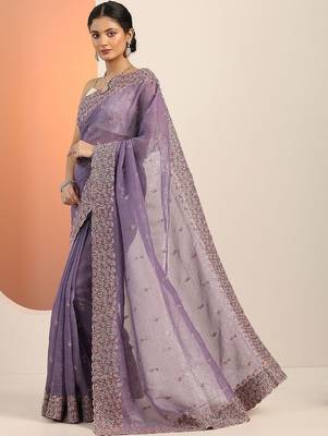 lavender embellished embroidered silk blend heavy work saree 4