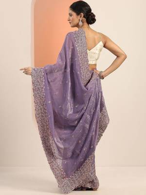 lavender embellished embroidered silk blend heavy work saree 5