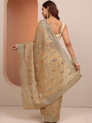 gold tan embroidered organza saree with unstitched blouse piece 3
