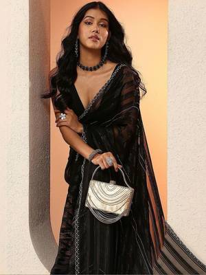 black woven design chinon saree with unstitched blouse piece 1