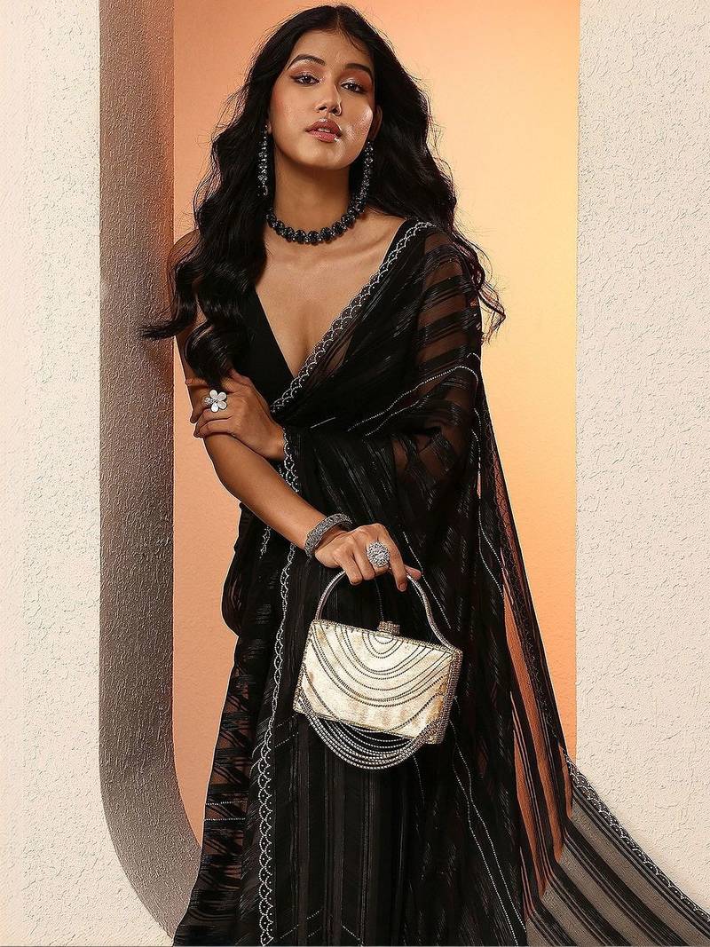 black woven design chinon saree with unstitched blouse piece