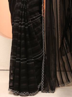 black woven design chinon saree with unstitched blouse piece 3