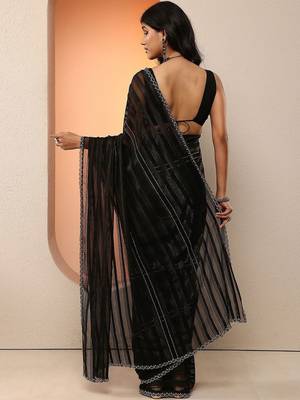 black woven design chinon saree with unstitched blouse piece 5