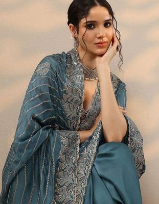teal embellished banarasi chinon saree with unstitched blouse piece 1